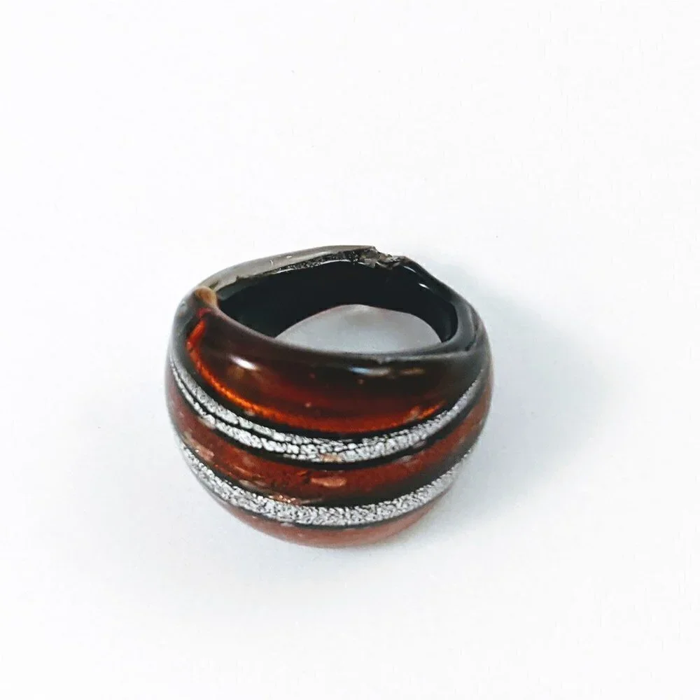 Vintage Brown Silver & Black Stripes Art Glass Domed Shimmery Wide Chunky Ring